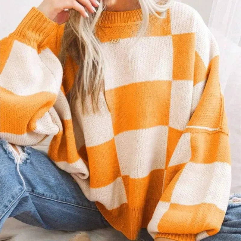 Johnny | Sweter damski w kratę z miękkiej dzianiny, wygodny i przytulny