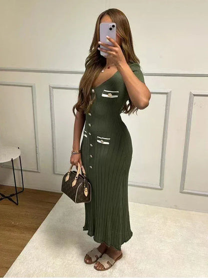 Christine | Sukienka damska długa z guzikami i dekoltem w serek, elegancka i stylowa