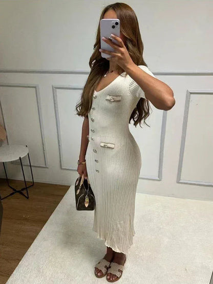 Christine | Sukienka damska długa z guzikami i dekoltem w serek, elegancka i stylowa