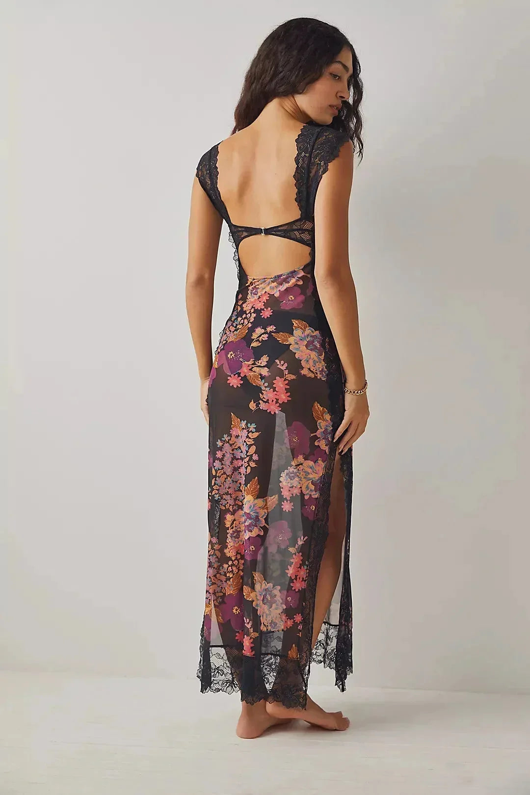 Lucinda | Sukienka damska maxi w kwiaty z przezroczystą koronką