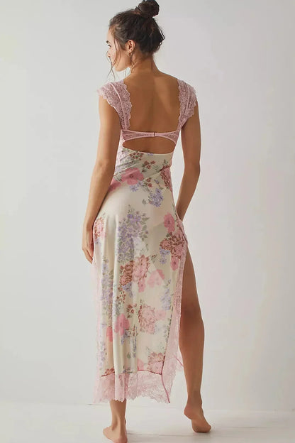 Lucinda | Sukienka damska maxi w kwiaty z przezroczystą koronką