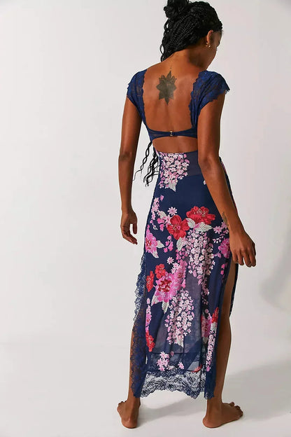 Lucinda | Sukienka damska maxi w kwiaty z przezroczystą koronką