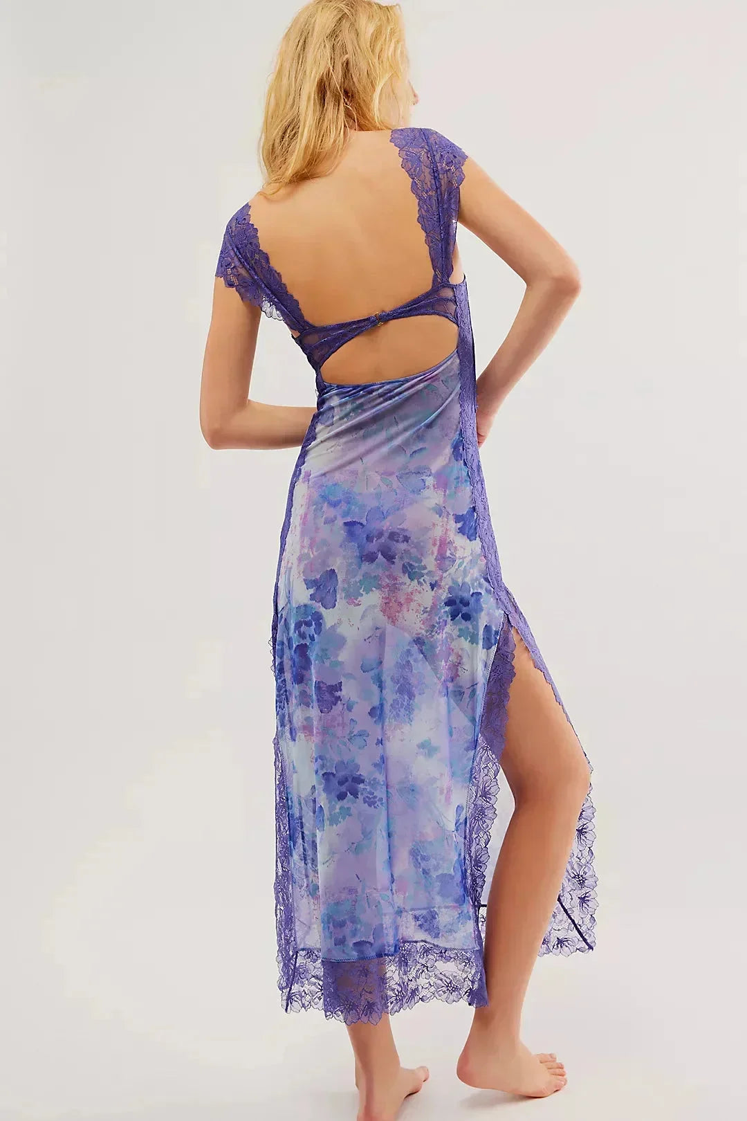 Lucinda | Sukienka damska maxi w kwiaty z przezroczystą koronką