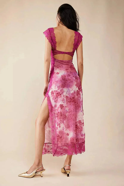 Lucinda | Sukienka damska maxi w kwiaty z przezroczystą koronką