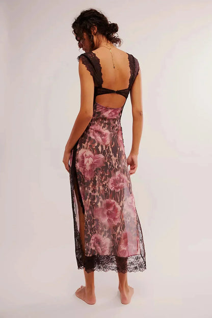 Lucinda | Sukienka damska maxi w kwiaty z przezroczystą koronką