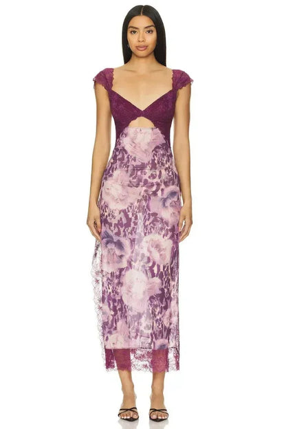 Lucinda | Sukienka damska maxi w kwiaty z przezroczystą koronką