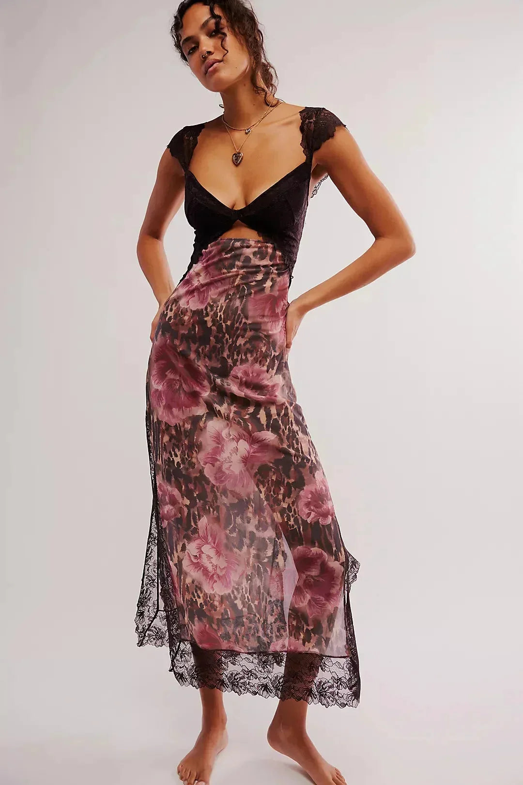 Lucinda | Sukienka damska maxi w kwiaty z przezroczystą koronką