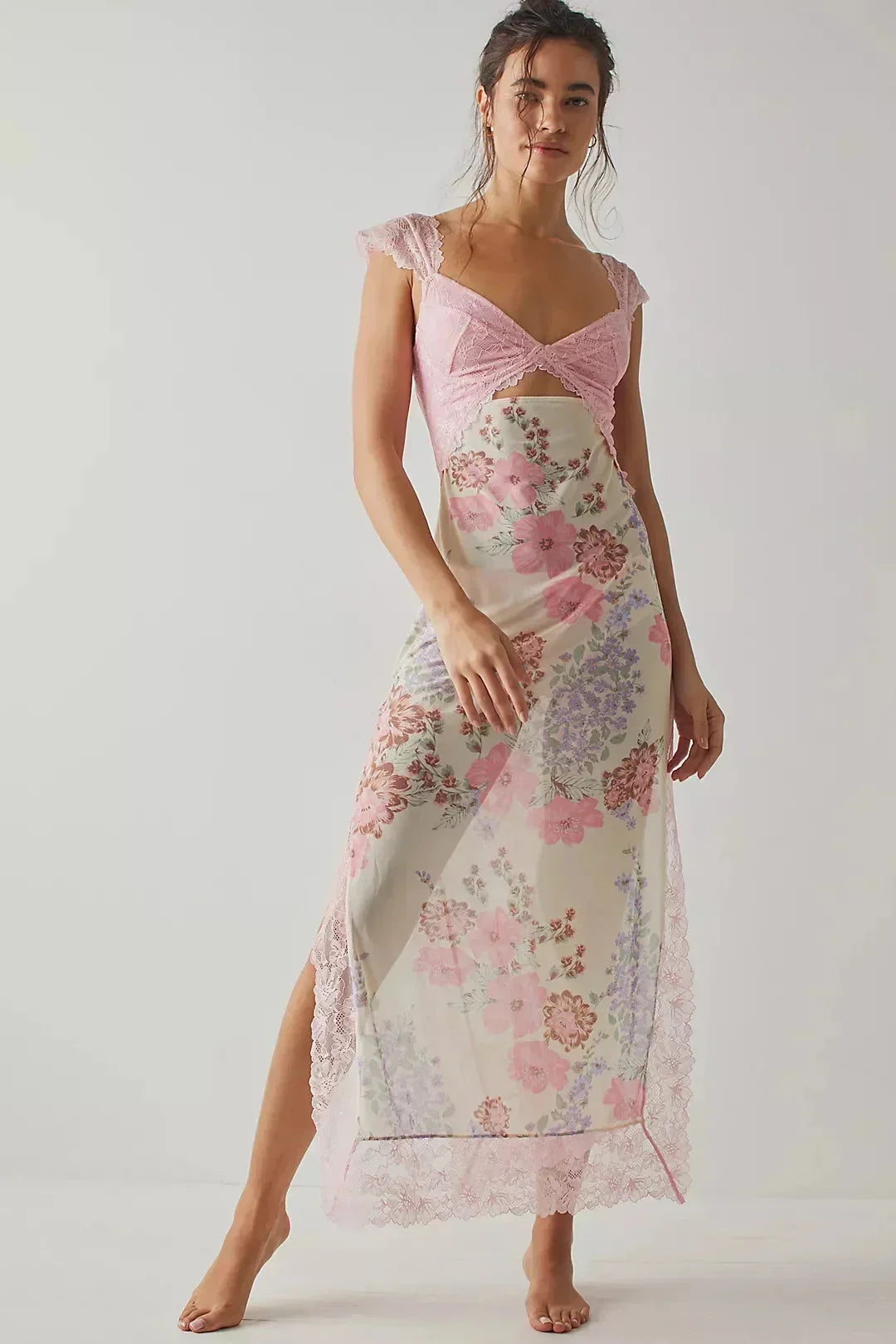 Lucinda | Sukienka damska maxi w kwiaty z przezroczystą koronką