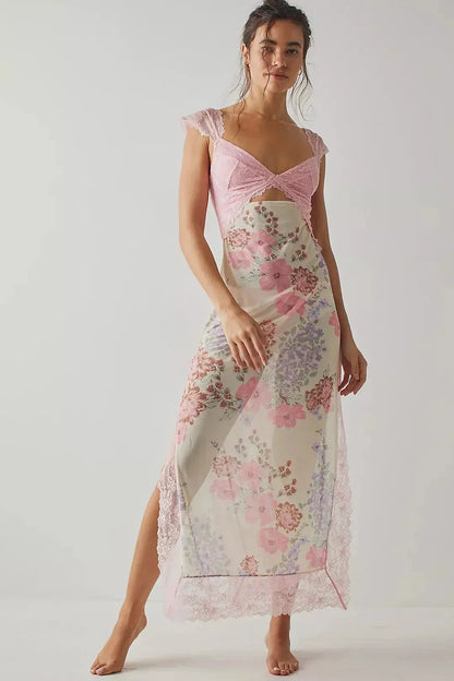 Lucinda | Sukienka damska maxi w kwiaty z przezroczystą koronką