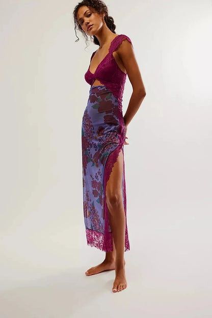 Lucinda | Sukienka damska maxi w kwiaty z przezroczystą koronką