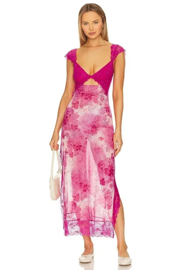 Lucinda | Sukienka damska maxi w kwiaty z przezroczystą koronką