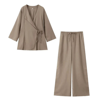 Alice | Damski komplet loungewear kimono i szerokie spodnie z lnu relaxed fit