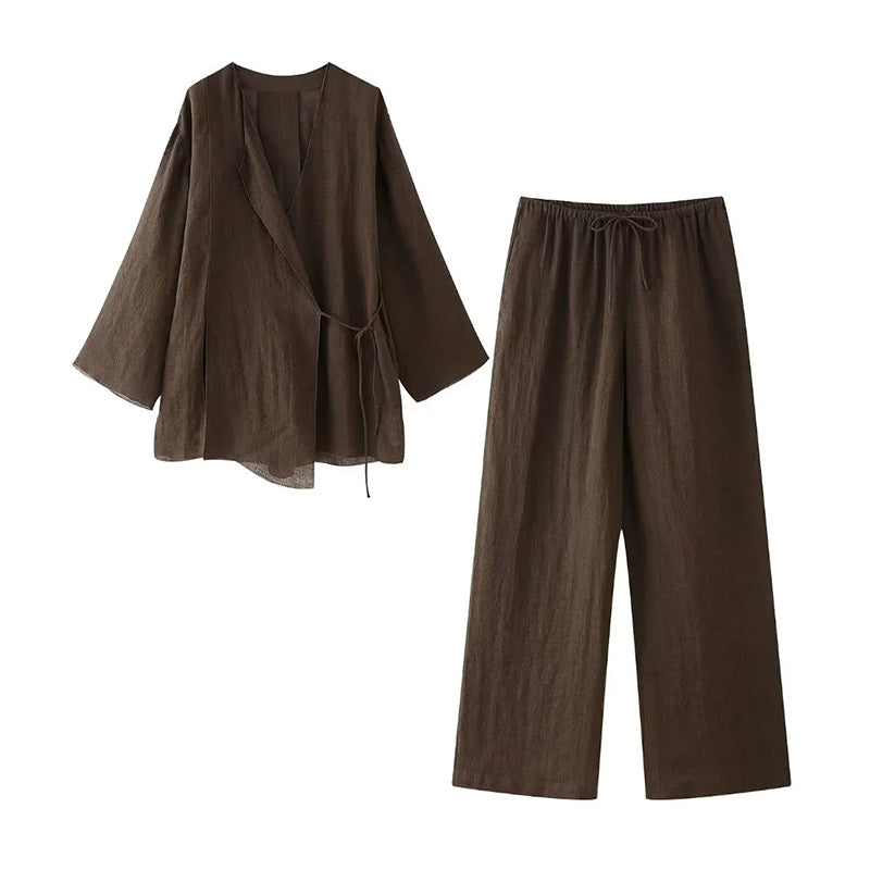 Alice | Damski komplet loungewear kimono i szerokie spodnie z lnu relaxed fit