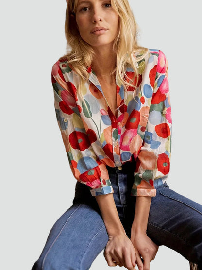 Katey | Elegancka bluzka damska w kwiatowy print zapinana na guziki